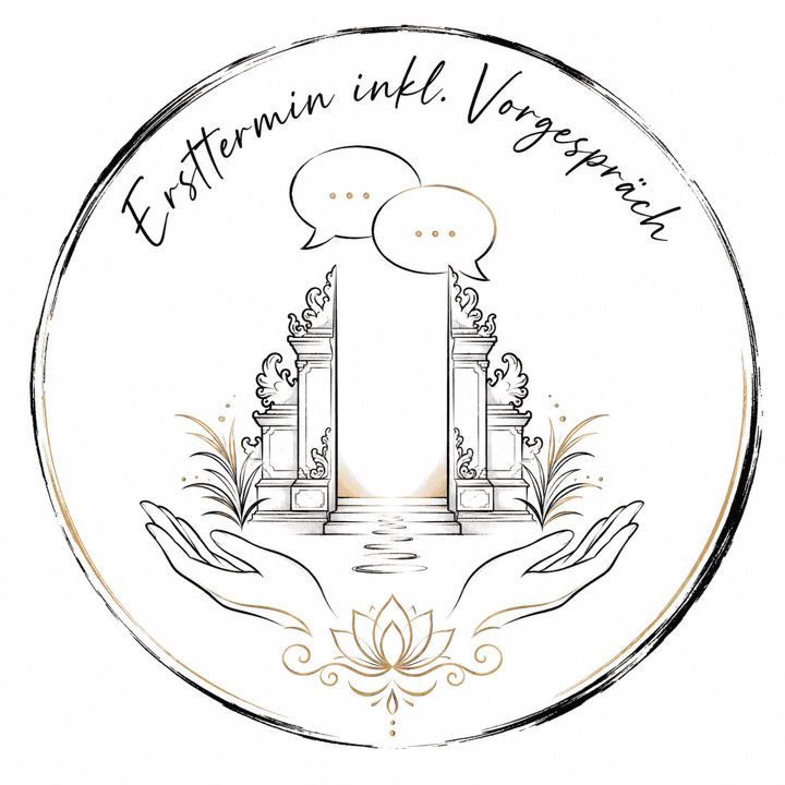 Linienillustration eines Ersttermins mit Gesprächssymbolen und balinesischem Eingang